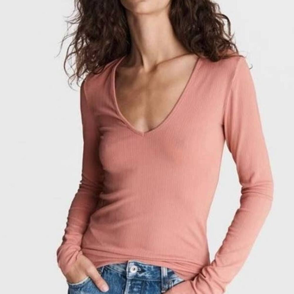 Rag & Bone NWT Zoe Deep Vee Rib Long Sleeve Mauved Out Shirt Size L Henley PInk